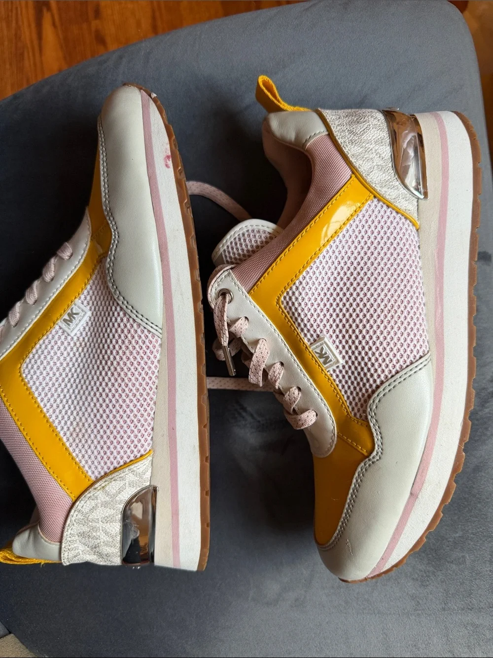 Michael Kors Yellow and Blush Pink Mixed-Media Sneakers 7.5